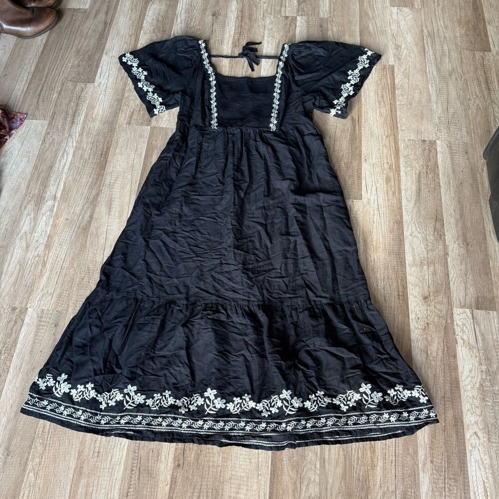 Old Navy Black Maxi Dress with White Floral Embroidery